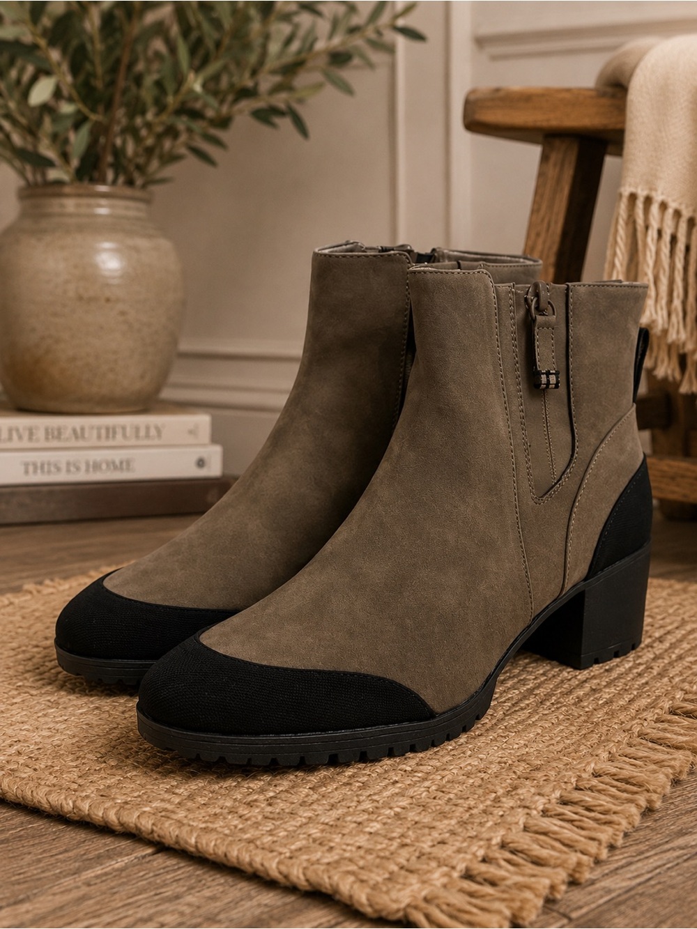 Dr. Scholl's Olive Suede Ankle Boots with Black Toe and Heel Accents